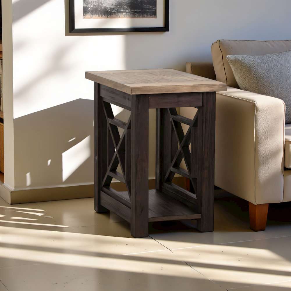 Black Side Table with Acacia Solid and Veneer, Small Sofa Table