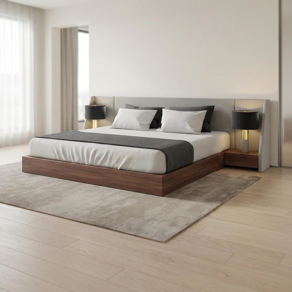 Walnut Veneer Platform Bed with Upholstered Winged Headboard, Eastern King