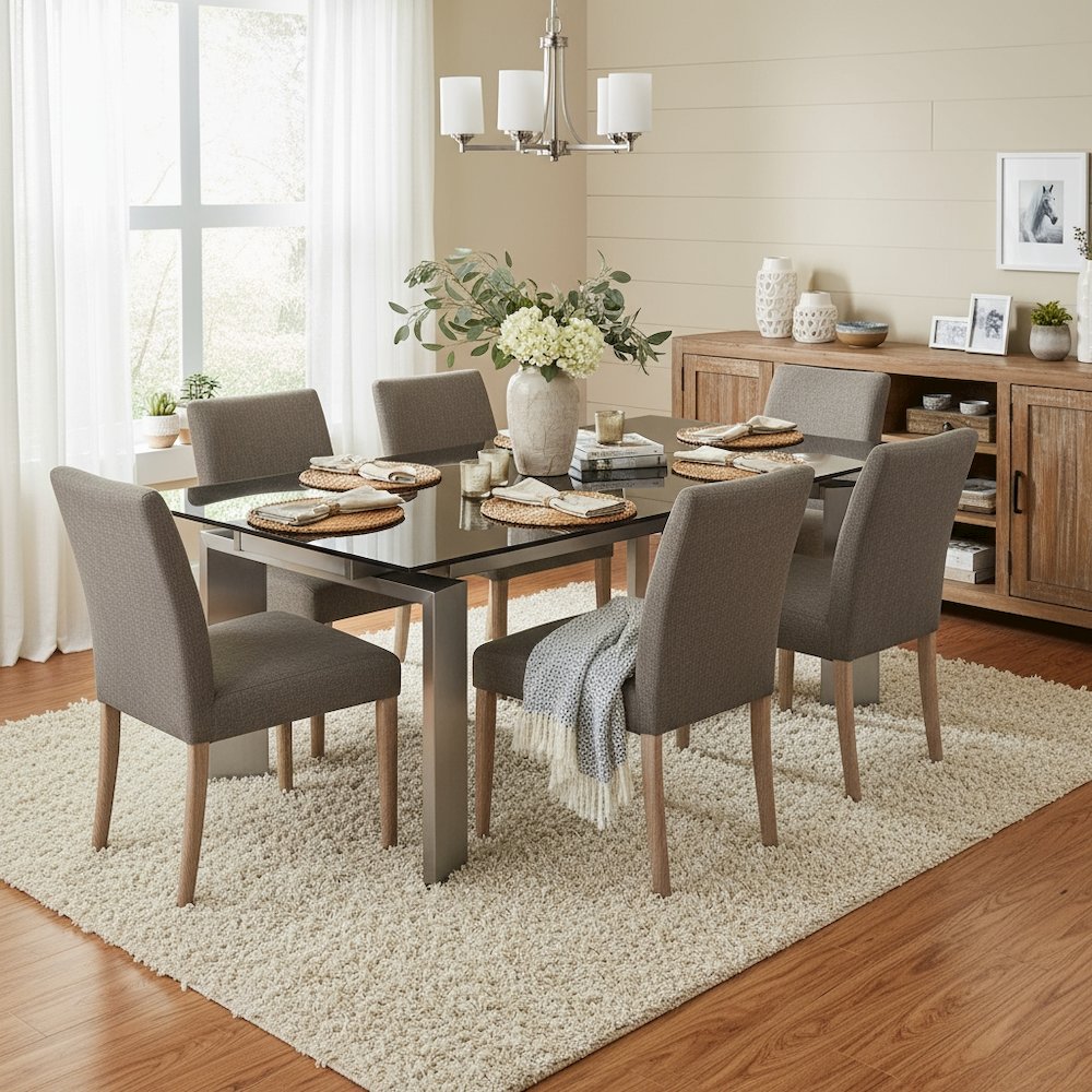 Gray Extension Dining Table, Ash Wood, Double Pedestal, Glass Top