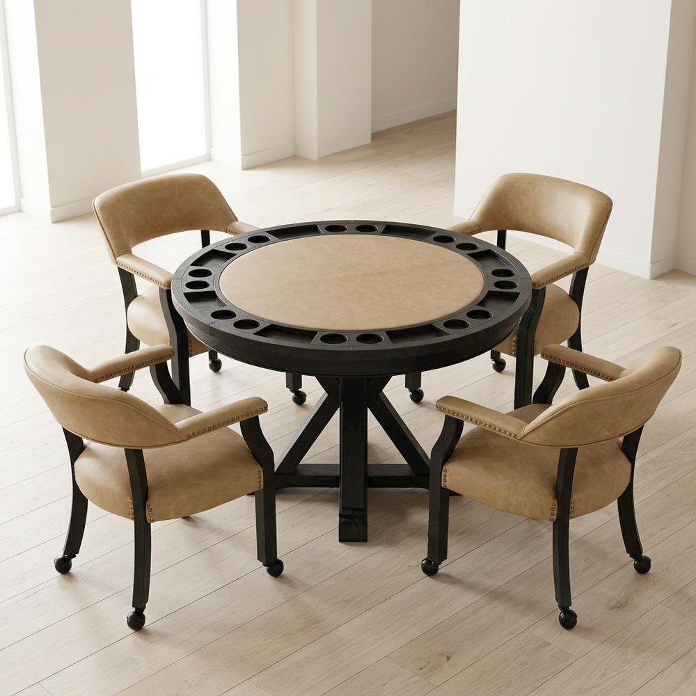 Vegan Leather Dining Table and Chairs with Reversible Game Top, Black