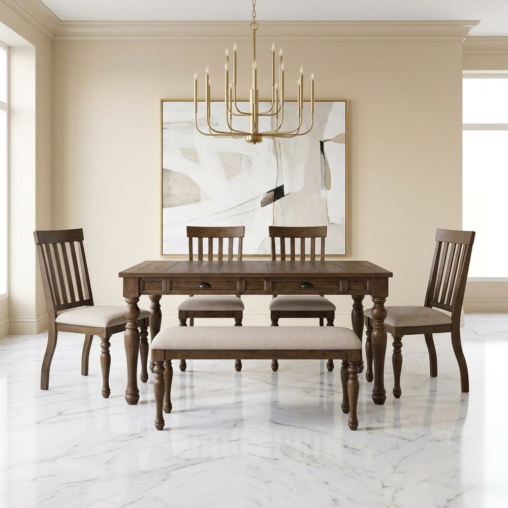Wood Dining Table Set for 6 with Upholstered Chairs, Kitchen Table Set, Brown
