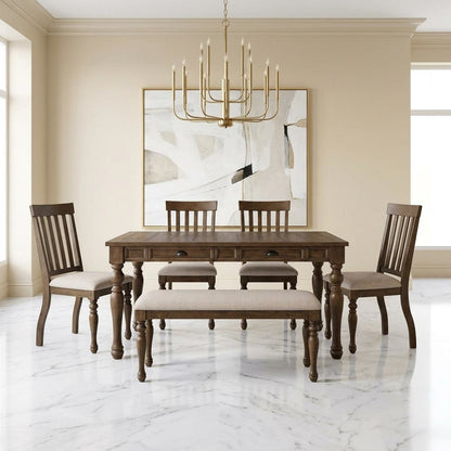 Wood Dining Table Set for 6 with Upholstered Chairs, Kitchen Table Set, Brown