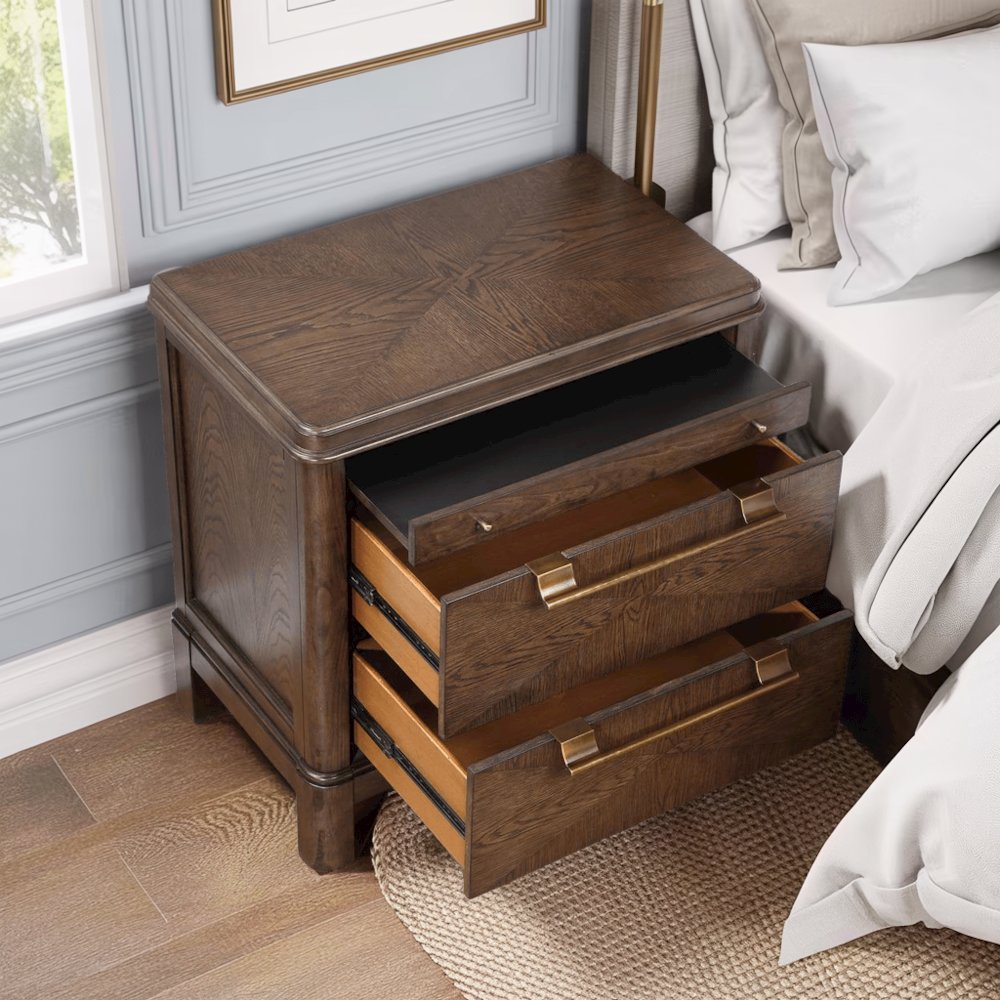 Warm Brown Walnut Finished 2 Drawer Nightstand with Pull-out Shelf