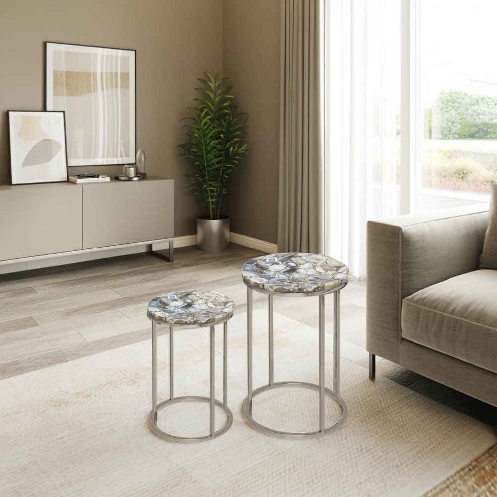 Nesting Side Tables – Living Room Tables with Agate Stone Tops and Wood Detail
