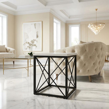White Marble Top Square End Table with Modern Design and Sturdy Frame