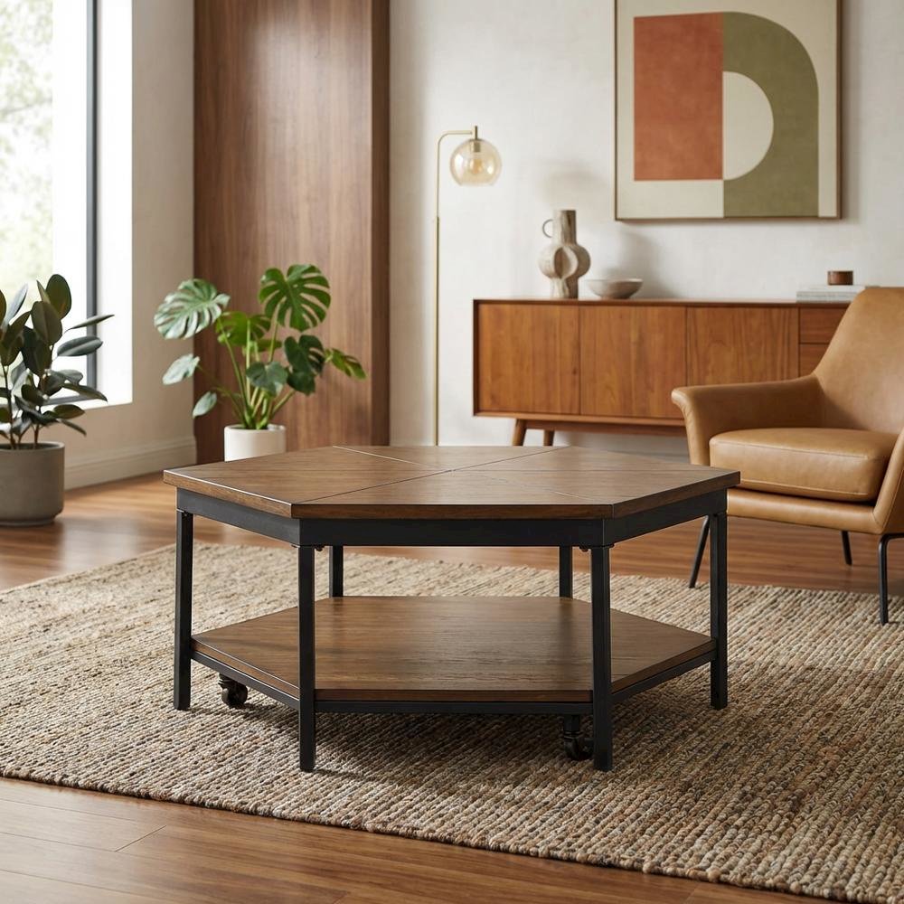 Mocha Hexagon Lift-Top Cocktail Table with Sturdy Construction and Modern Design