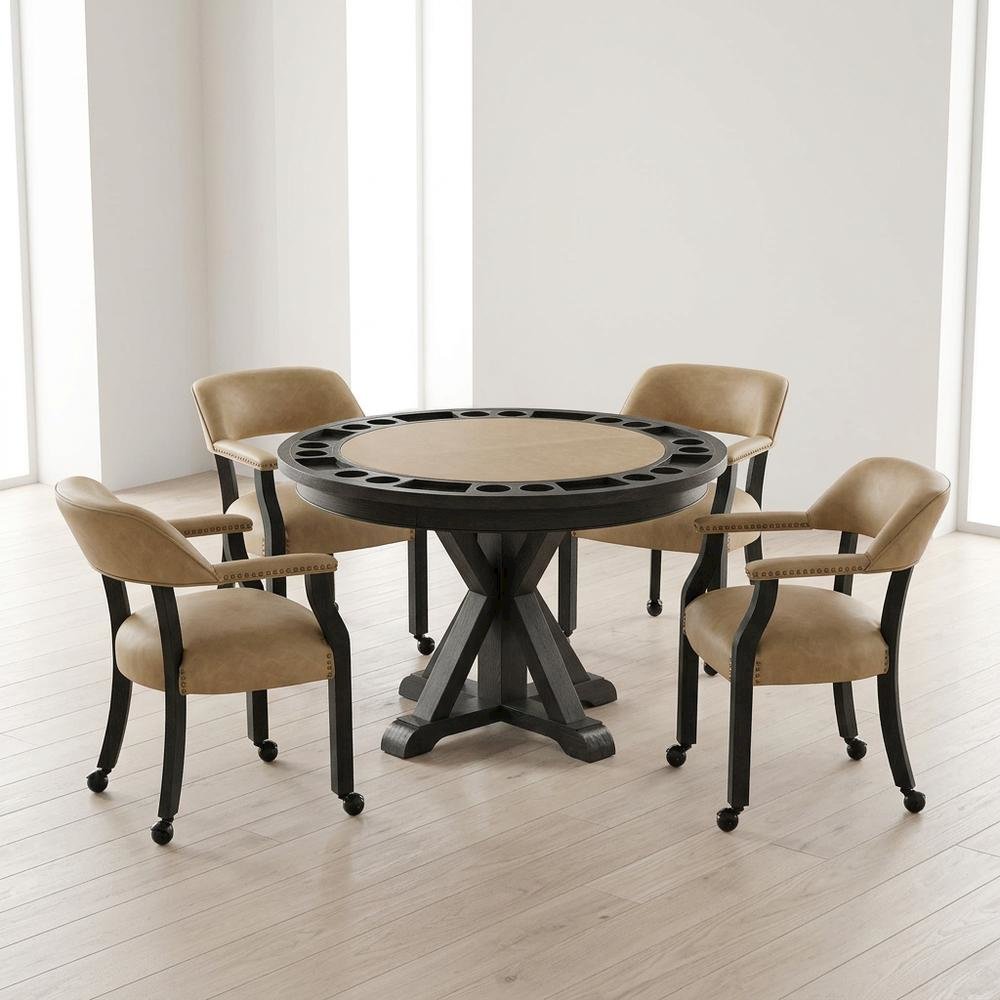 Vegan Leather Dining Table and Chairs with Reversible Game Top, Black