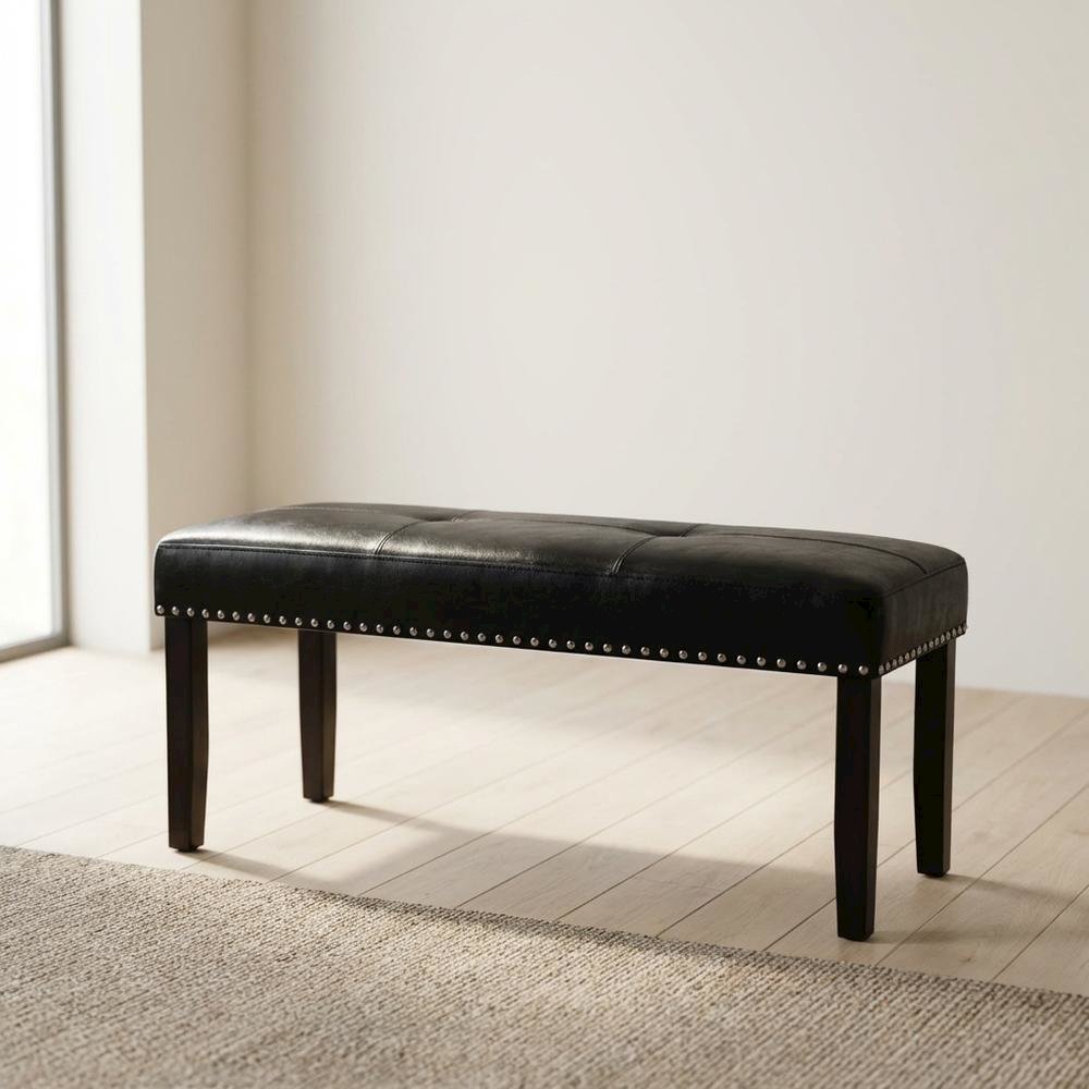 Ebony Wood Finish Dining Bench with Black Vinyl Seat, Stylish and Durable