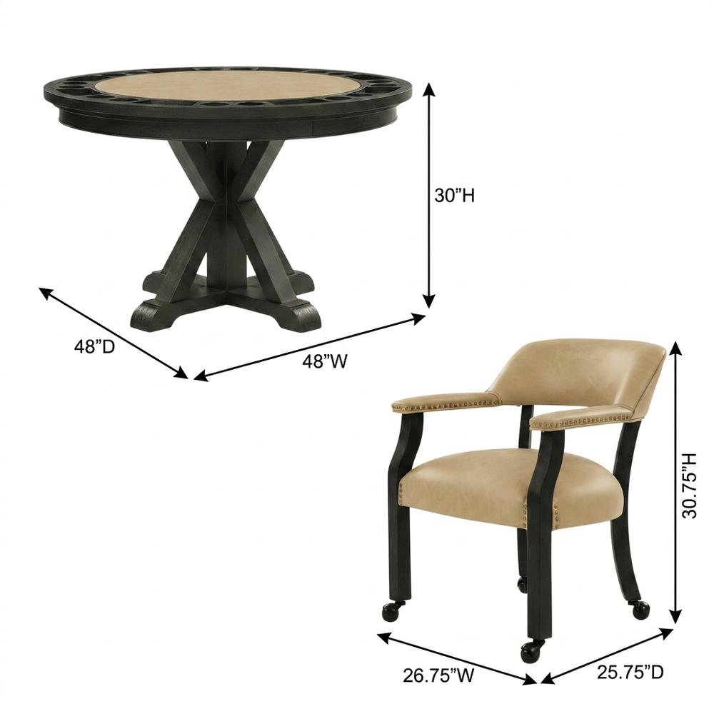 Vegan Leather Dining Table and Chairs with Reversible Game Top, Black