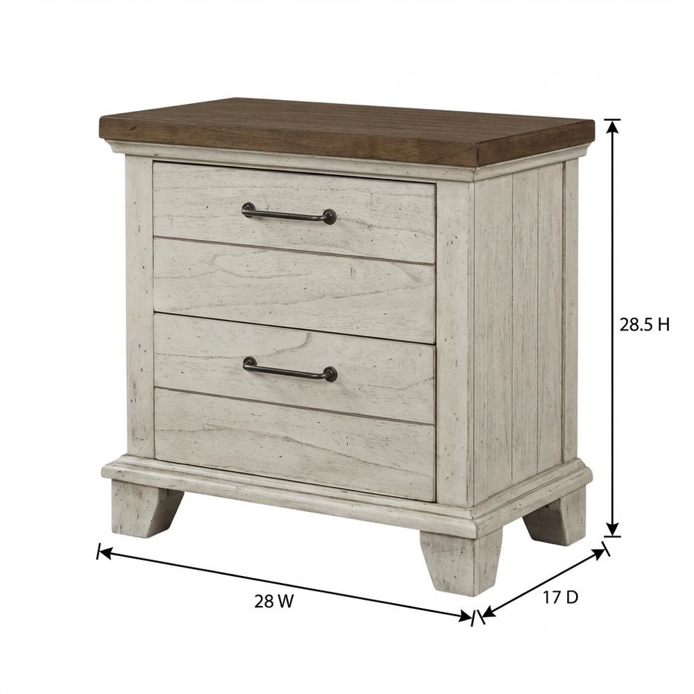 Rustic Ivory Nightstand with Two Drawers and Warm Finish for Bedroom