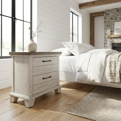 Rustic Ivory Nightstand with Two Drawers and Warm Finish for Bedroom
