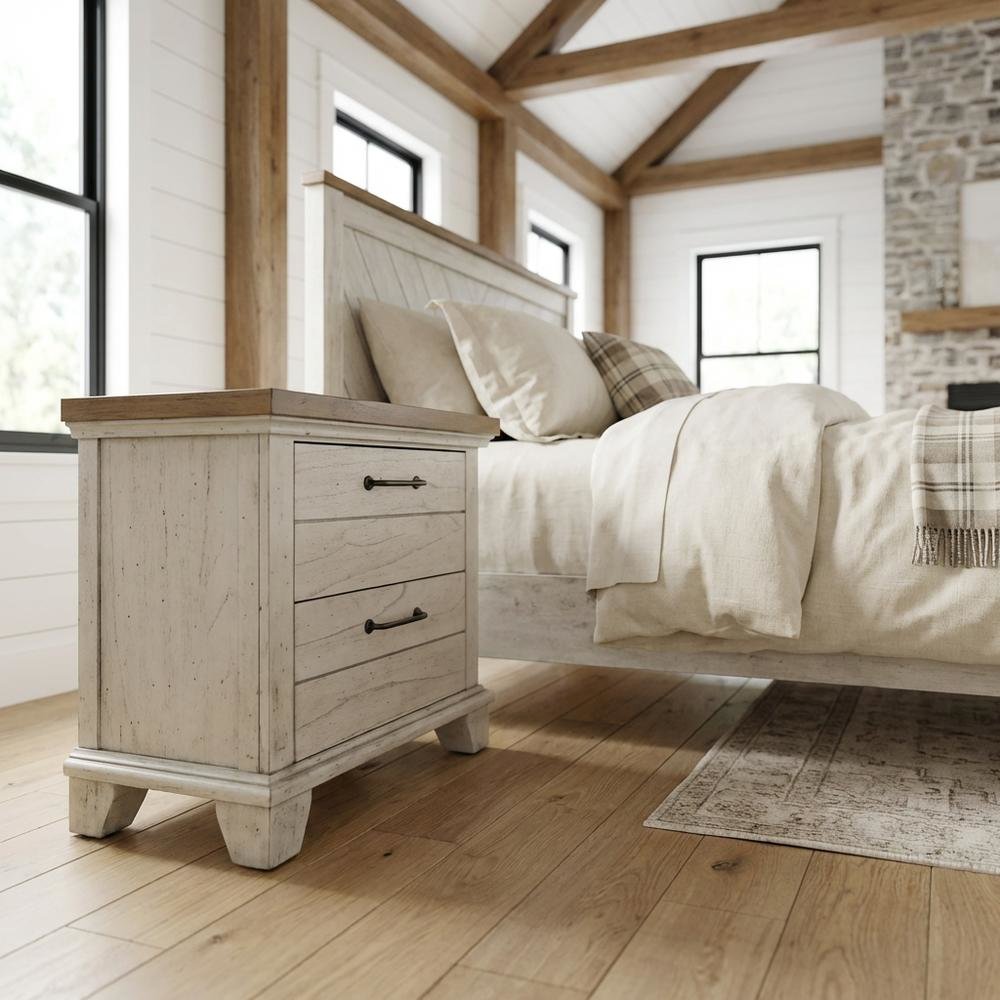 Rustic Ivory Nightstand with Two Drawers and Warm Finish for Bedroom