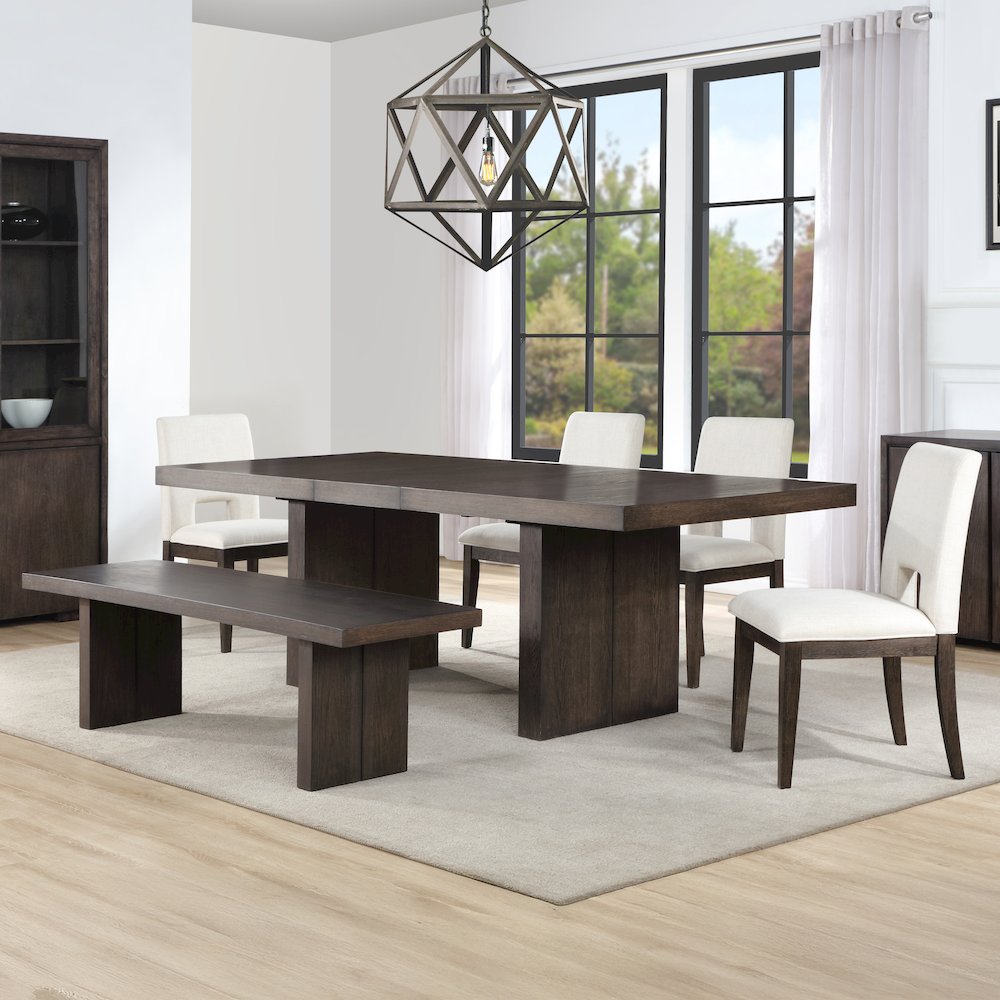 Evan 78-96-inch Dining Table w/18-inch Leaf, 4 Eggshell Chairs, Bench