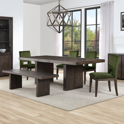 Evan 78-96-inch Dining Table w/18-inch Leaf, 4 Green Side Chairs, Bench