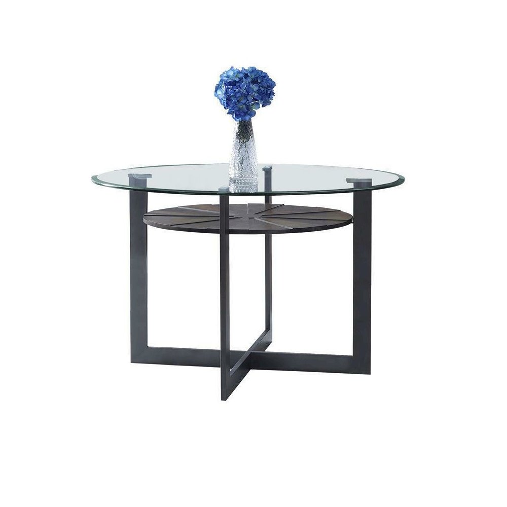 Dining Table, Glass/dark metal base/medium brown