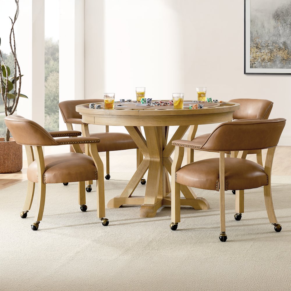 Rylie Dining Table with Game Top & 4 Captains Chairs, Natural Finish