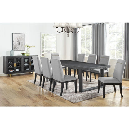 Yves Black Dining Table With 8 Grey Chairs and Server
