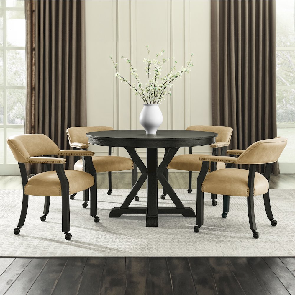 Rylie Dining Table & 4 Captains Chairs, Black Finish with Sand Vegan Leather