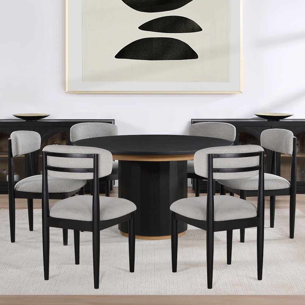 Magnolia 52-inch Round Dining Table & 6 Upholstered Side Chairs, Black Finish
