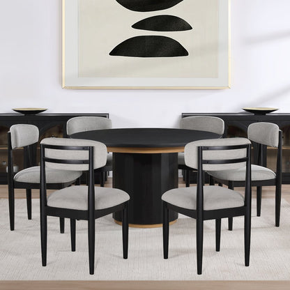 Magnolia 52-inch Round Dining Table & 6 Upholstered Side Chairs, Black Finish