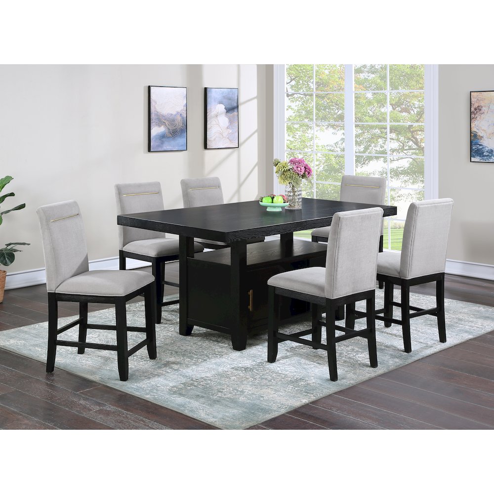 Yves Black Counter Table With Storage and 6 Grey Counter Chairs