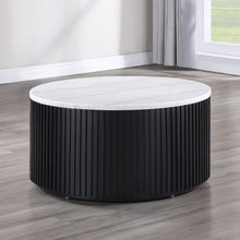 36" Round White Marble Top Coffee Table with Casters, Black Finish