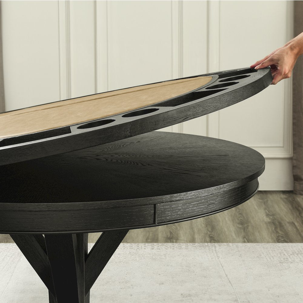 Counter Table with Game Top, 4 Counter Chairs, Black Finish, Sand Vegan Leather