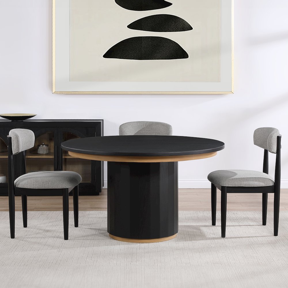 Magnolia 52-inch Round Dining Table & 4 Upholstered Side Chairs, Black Finish