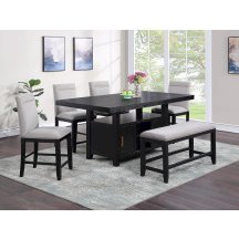 Yves Black Counter Table With Storage  Bench and 4 Grey Counter Chairs