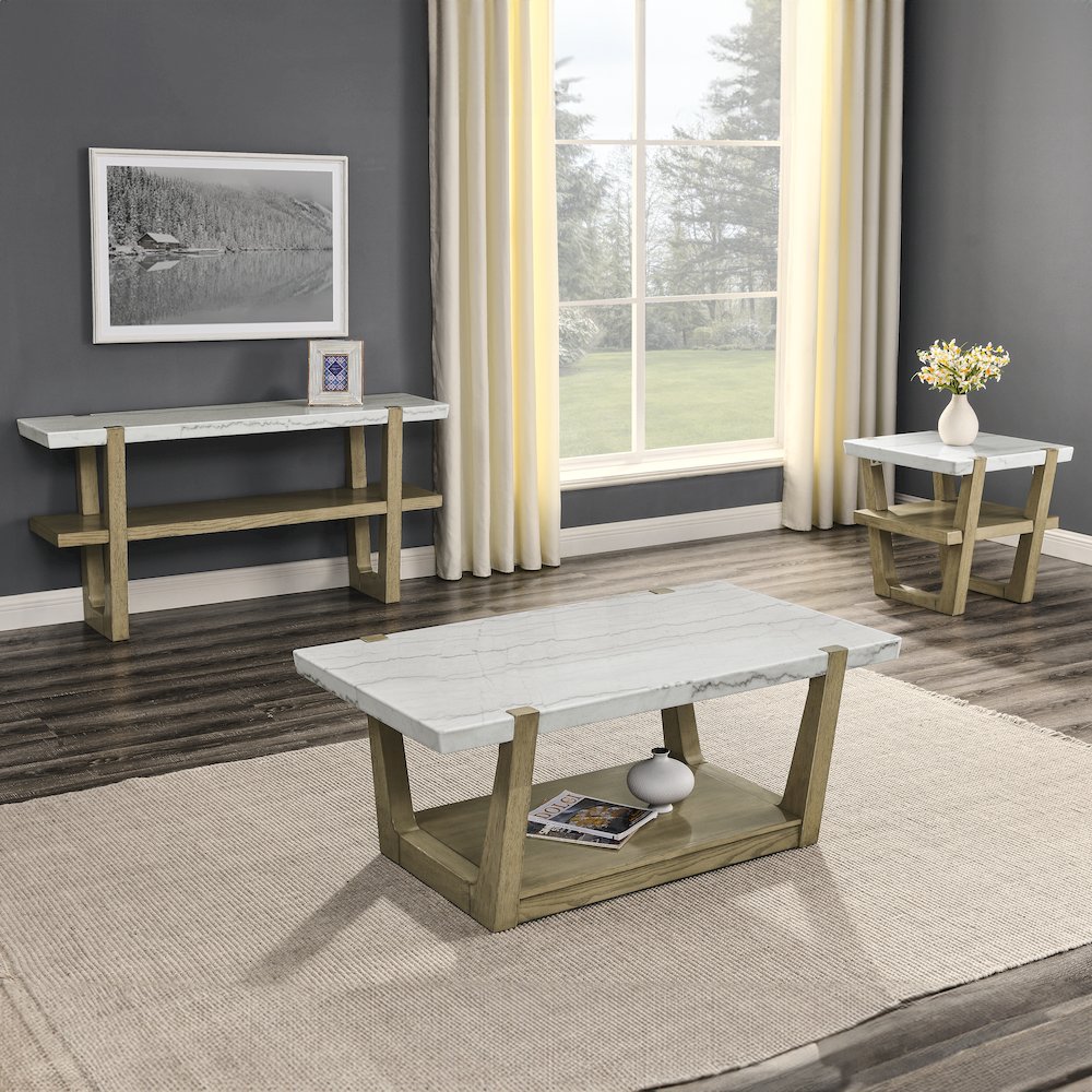 Perth White Marble 3-Piece Table Set (Cocktail, End & Sofa Table)