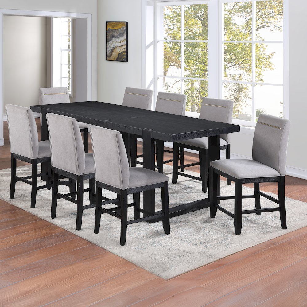 Yves Black Counter Table With 8 Grey Counter Chairs
