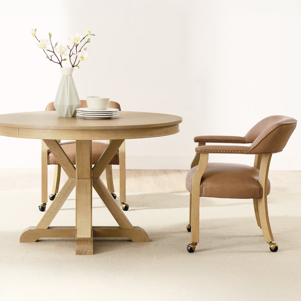Rylie Dining Table & 4 Captains Chairs, Natural Finish, Camel Vegan Leather