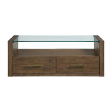 Brown Castered Coffee Table with Glass Top and Wood Frame MDF Acacia Rubberwood