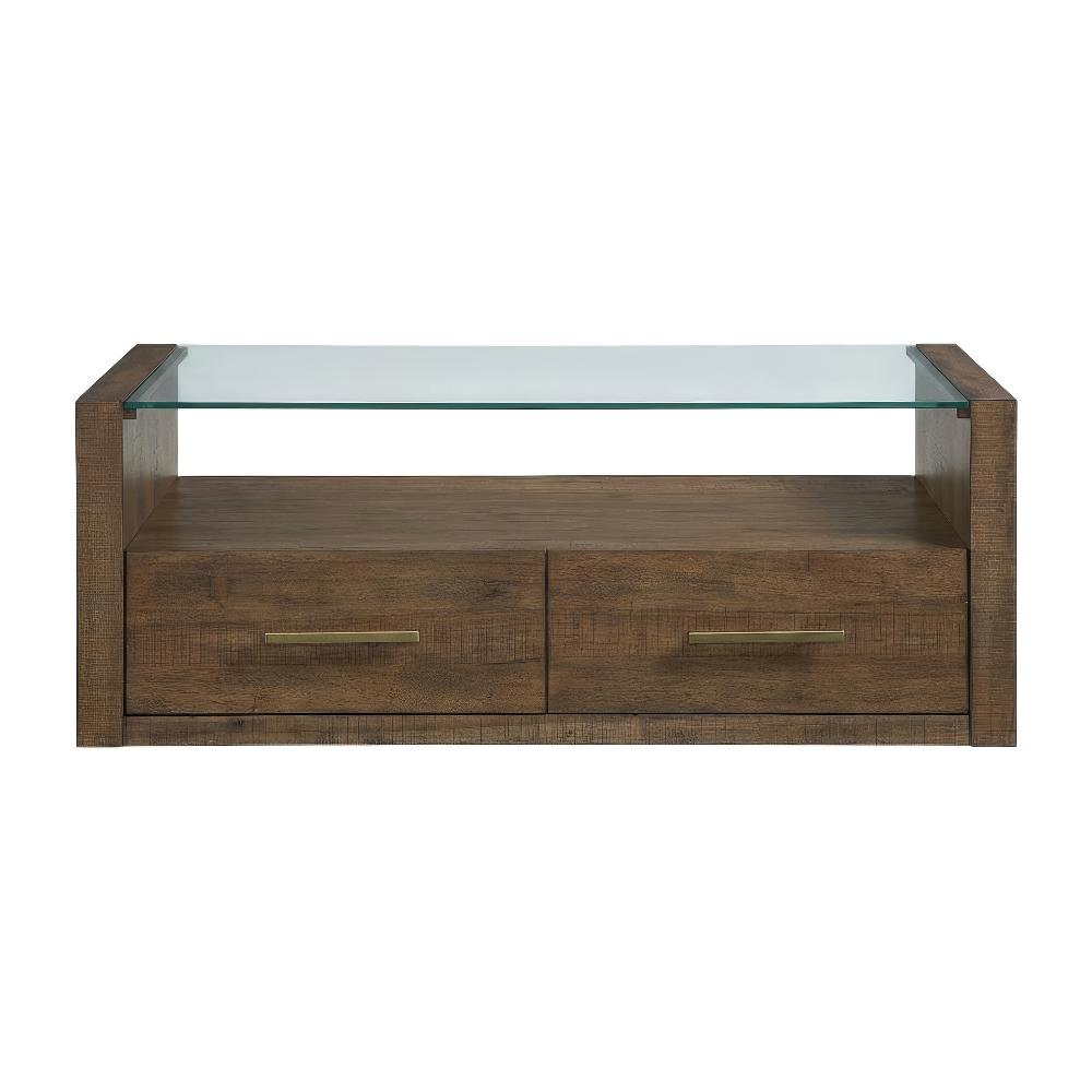 Brown Castered Coffee Table with Glass Top and Wood Frame MDF Acacia Rubberwood