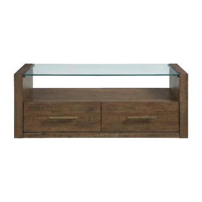 Brown Castered Coffee Table with Glass Top and Wood Frame MDF Acacia Rubberwood