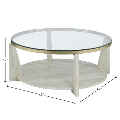 Brown Round Coffee Table with Tempered Glass Top and Casters Engineered Wood
