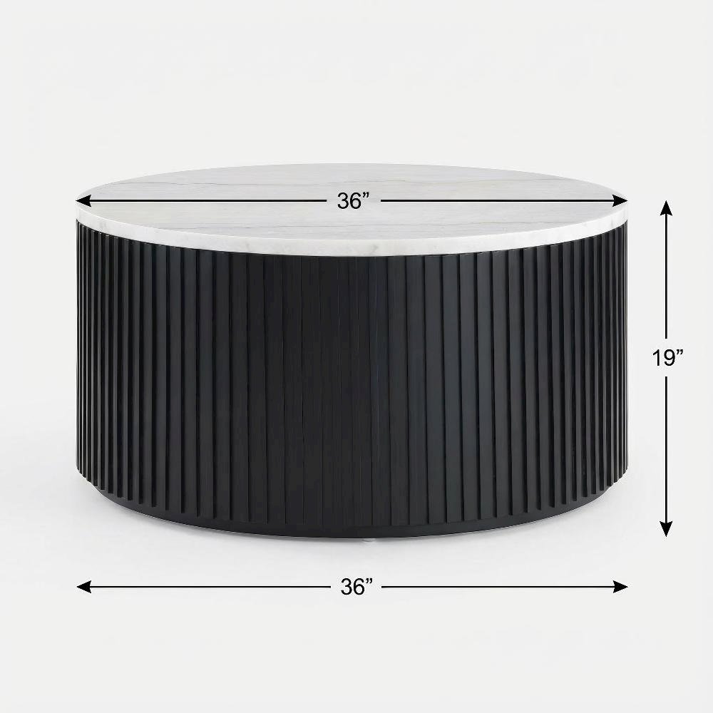 Round Black Coffee Table with White Marble Top and Casters MDF Iron Base