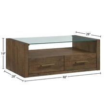 Brown Castered Coffee Table with Glass Top and Wood Frame MDF Acacia Rubberwood