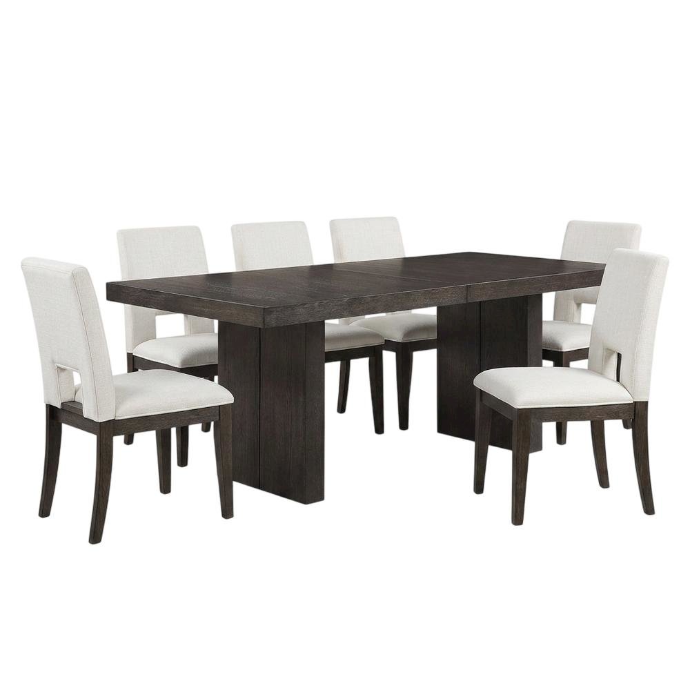 Rubberwood Extendable Dining Table and Linen-Look Upholstered Chairs Set, White