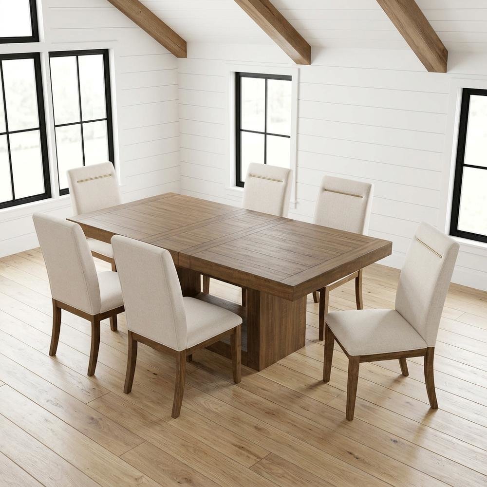 Acacia Wood Dining Table with Chairs, Kitchen Table Set for 6 Dining Room, Brown