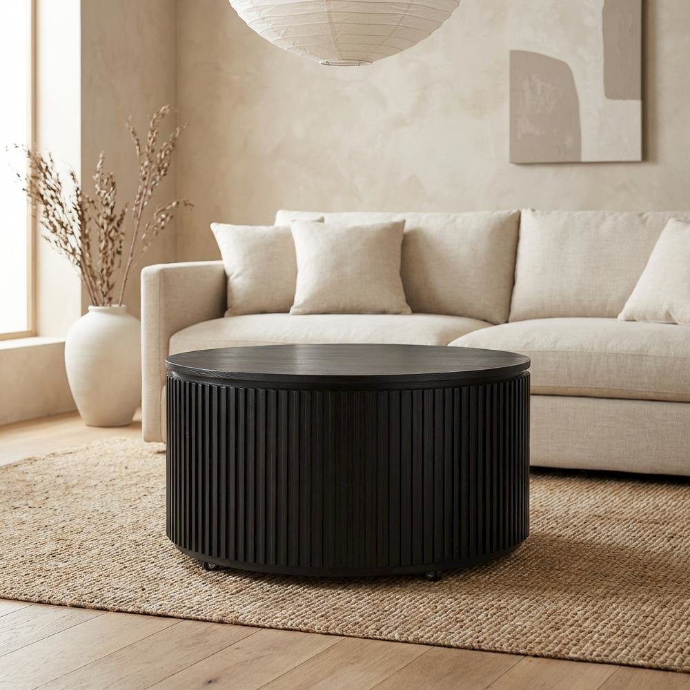 Round Coffee Table with Casters in Black Finish, Modern Stylish Design