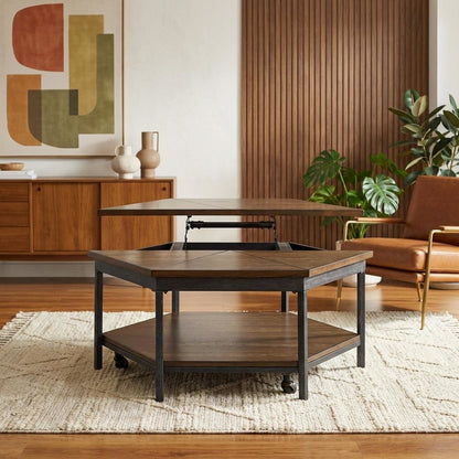 Mocha Hexagon Lift-Top Cocktail Table with Sturdy Construction and Modern Design