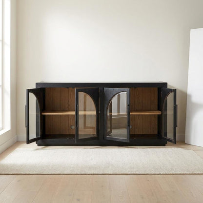 MDF and Rubberwood Buffet Cabinet with Cathedral Doors for Dining Room, Black
