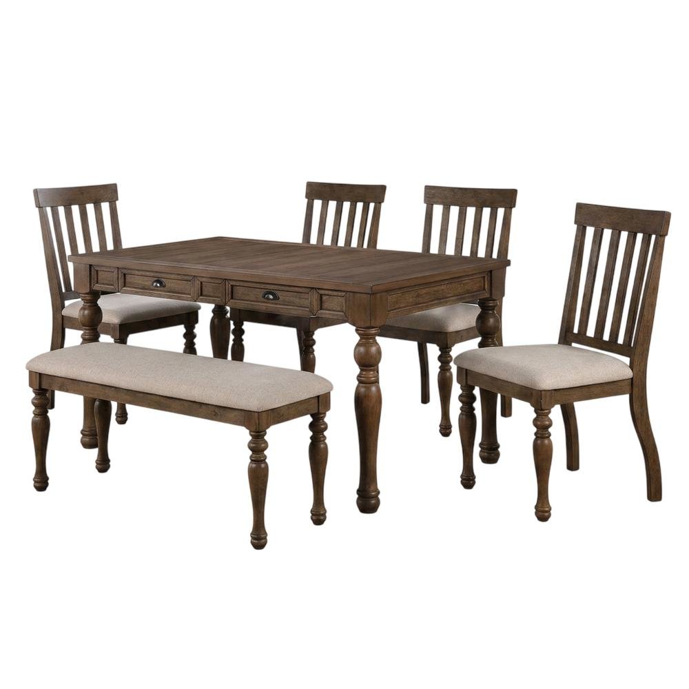 Wood Dining Table Set for 6 with Upholstered Chairs, Kitchen Table Set, Brown
