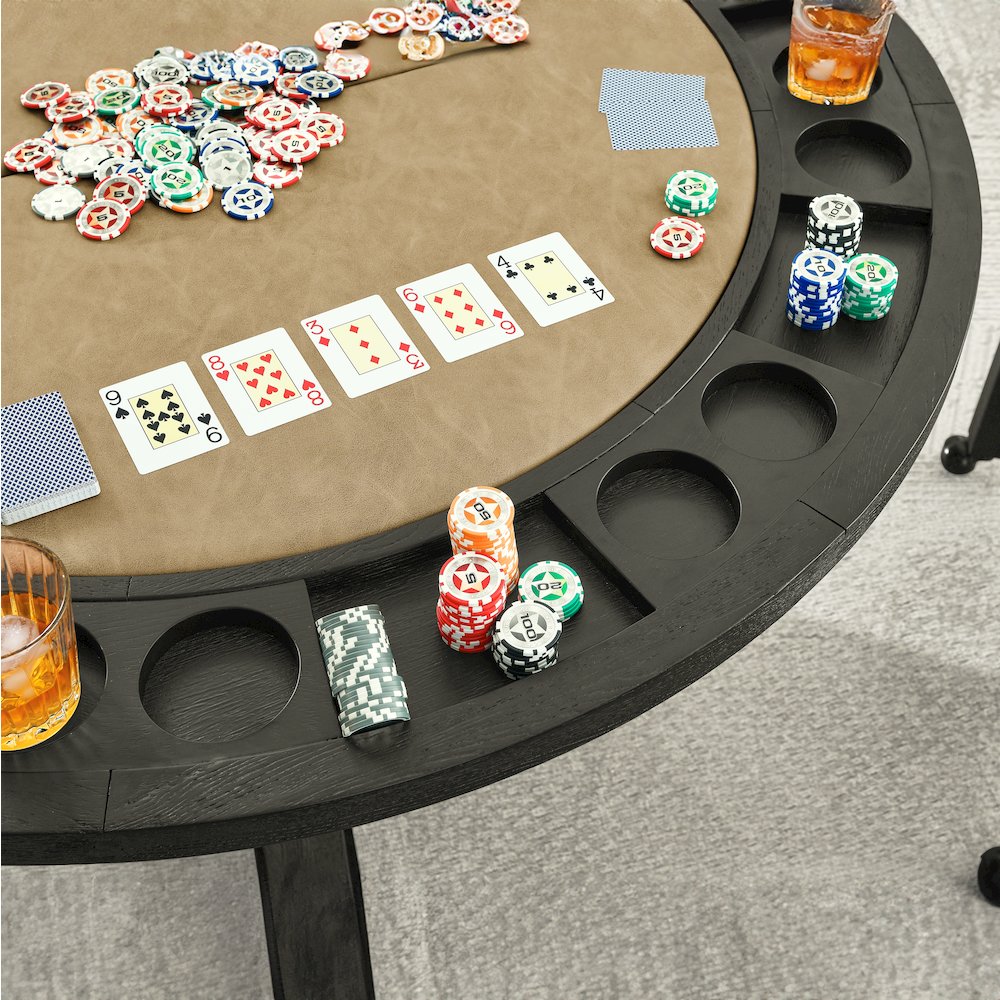 Counter Table with Game Top, 4 Counter Chairs, Black Finish, Sand Vegan Leather