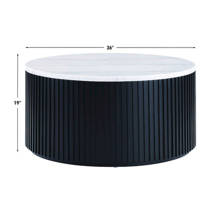 36" Round White Marble Top Coffee Table with Casters, Black Finish