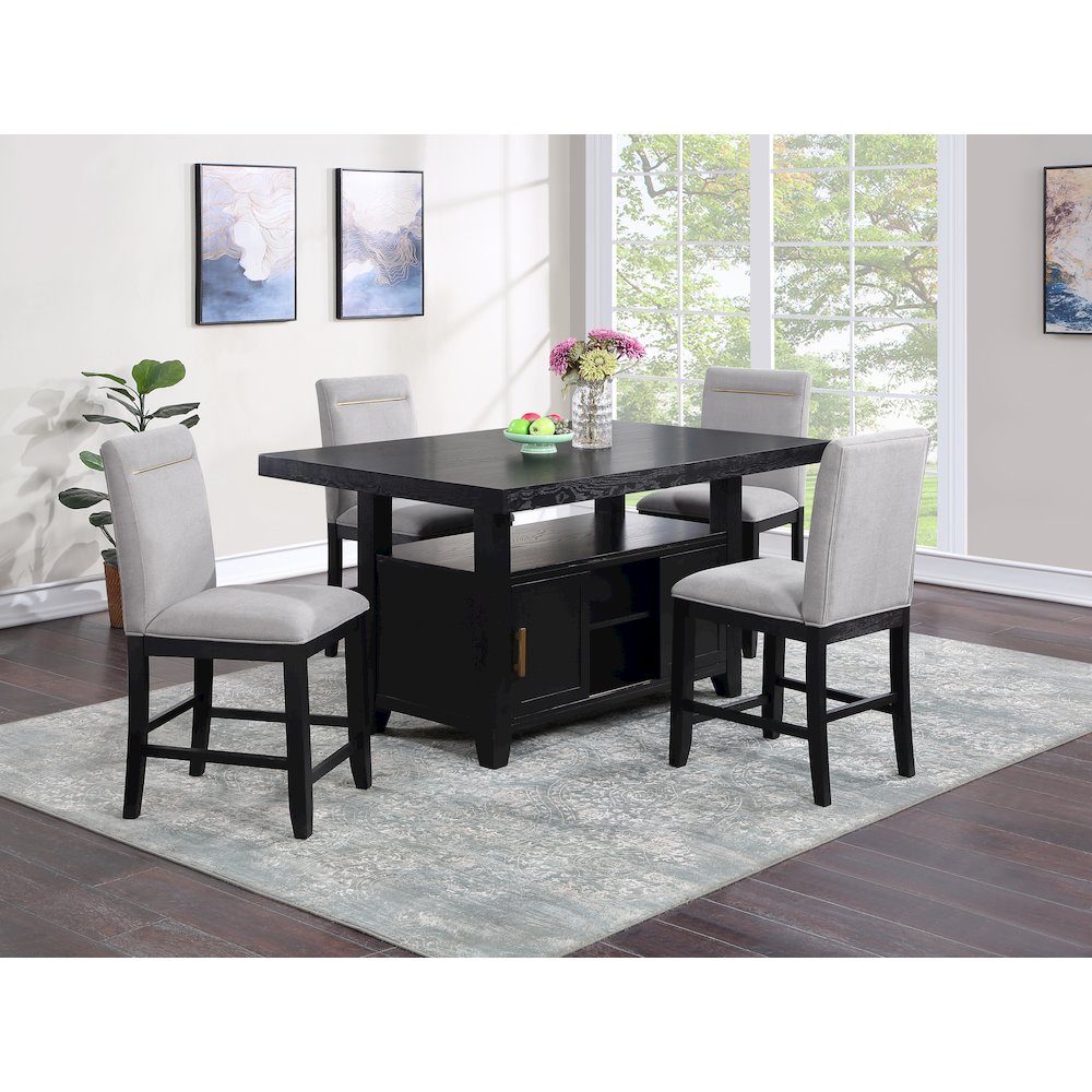 Yves Black Counter Table With Storage and 4 Grey Counter Chairs