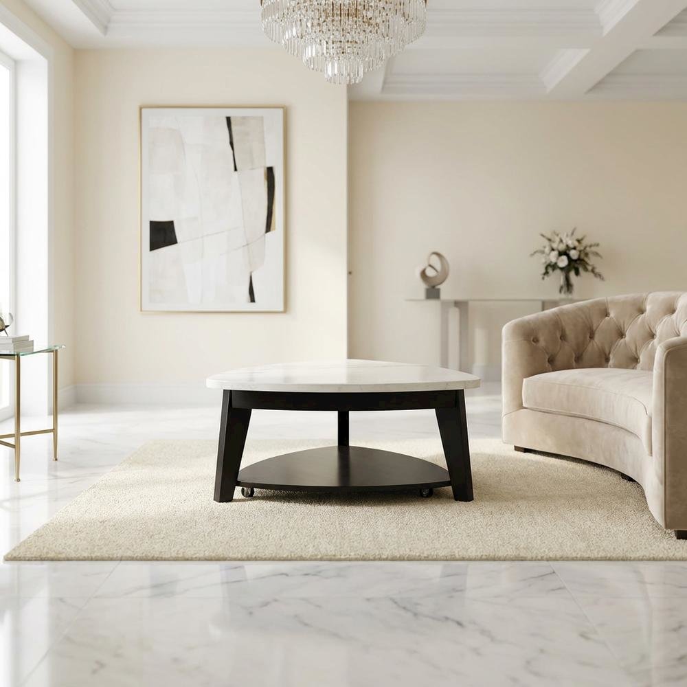 White Marble Top Cocktail Table with Ebony Base, Elegant Modern Style