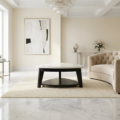 White Marble Top Cocktail Table with Ebony Base, Elegant Modern Style