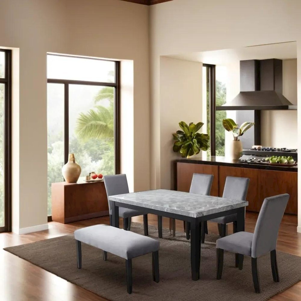 Sleek 6-Piece Dining Set with Gray Marble Table and Black/Gray Finish
